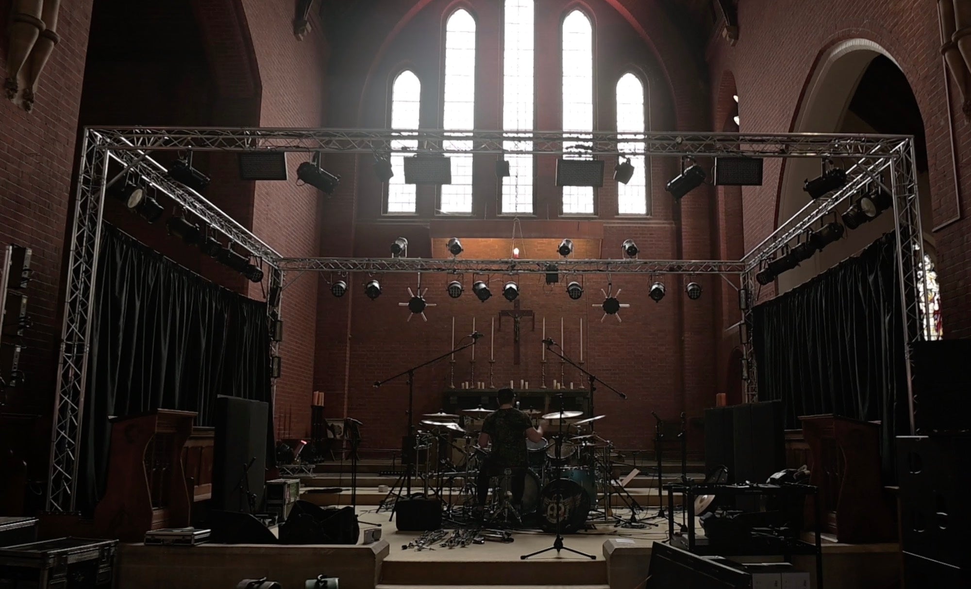 The live room at Middle Farm Studios, drum kit set up under the windows